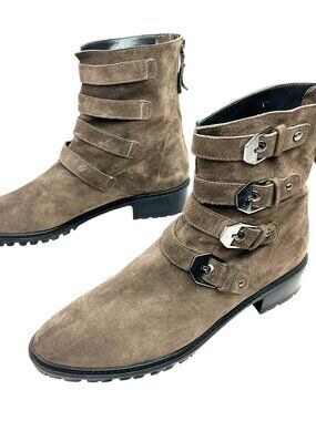 Stuart Weitzman Jitterbug Moto Suede 4 Buckle Boots Womens 8.5M Brown